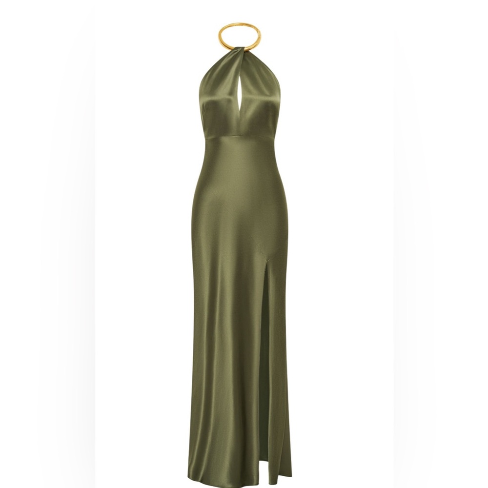 Olive green NICHOLAS gown with stunning gold neck adornment.